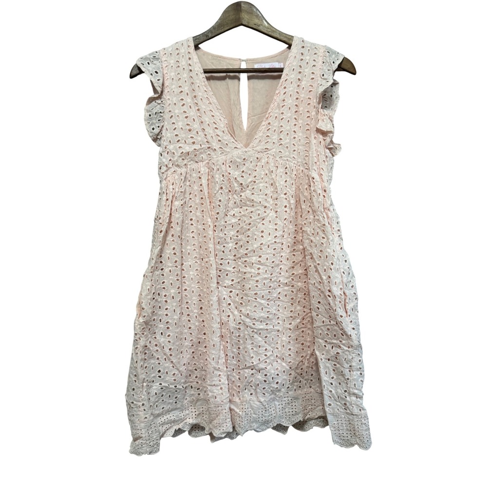 Pink‎ Lily Eyelet Mini Dress Womens Small Pink Excellent V-Neck Ruffle Sleeve